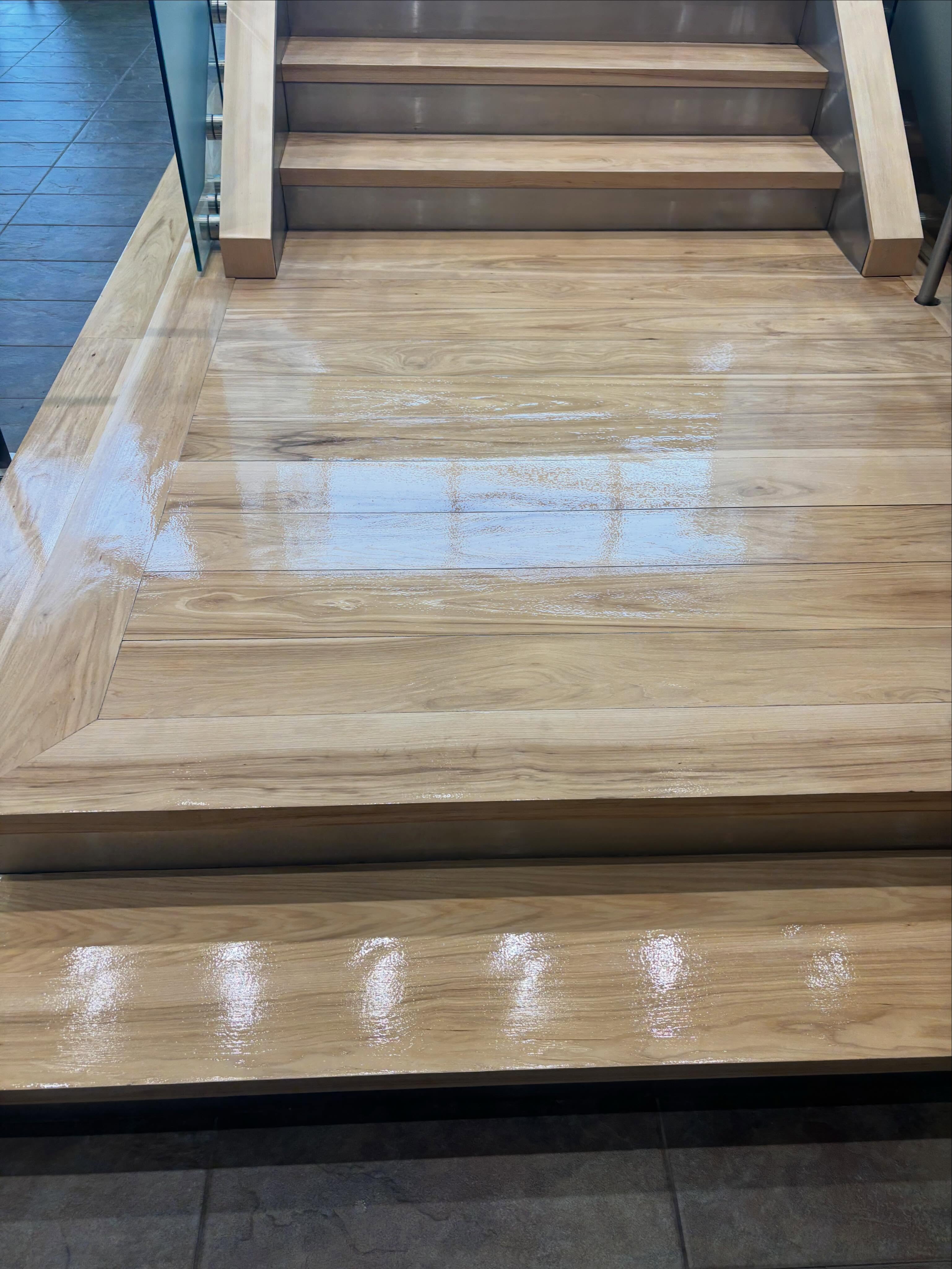 The beautiful maple stairs are finished. Four coats of Traffic HD.