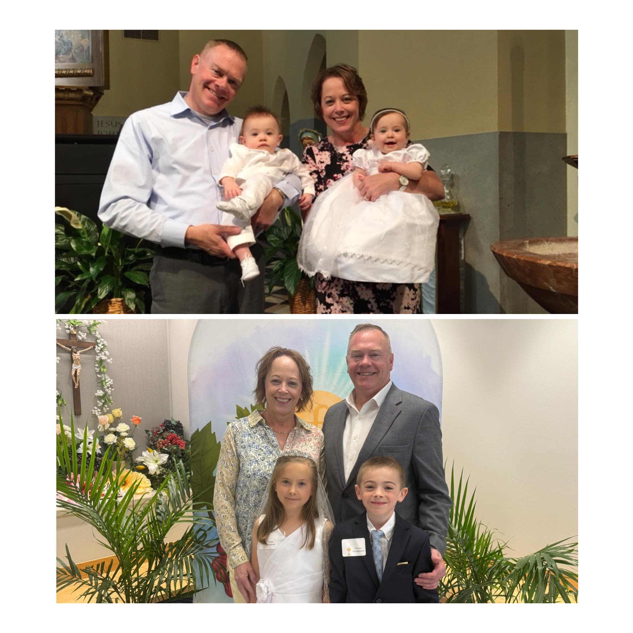 Time flies&hellip;Brooke & Brodie with their Godparents, Aunt Christy & Uncle Jim, at their baptism in 5/2018 and now for their 1st communion 4/2026 ❤️