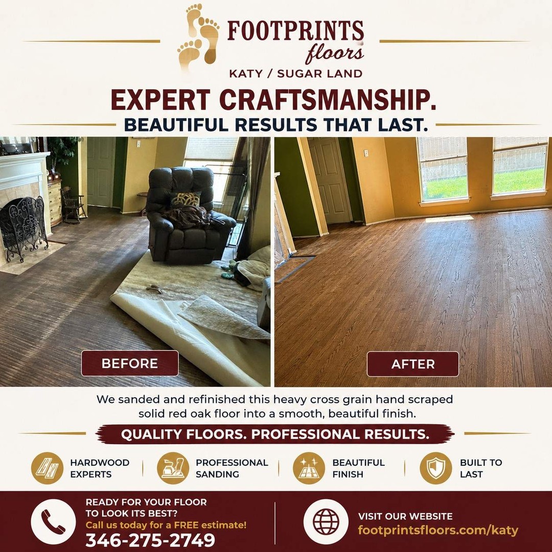Transformation Tuesday! ✨ We love seeing the incredible difference a professional hardwood refinish makes. Our team at Footprints Floors Katy/Sugar Land recently completed this stunning project in Houston, Texas, bringing tired floors back to life. Swipe to see the beautiful, smooth finish! 🪵✨ Ready to revitalize your home? Call for a free estimate! 🏠🛠️ 