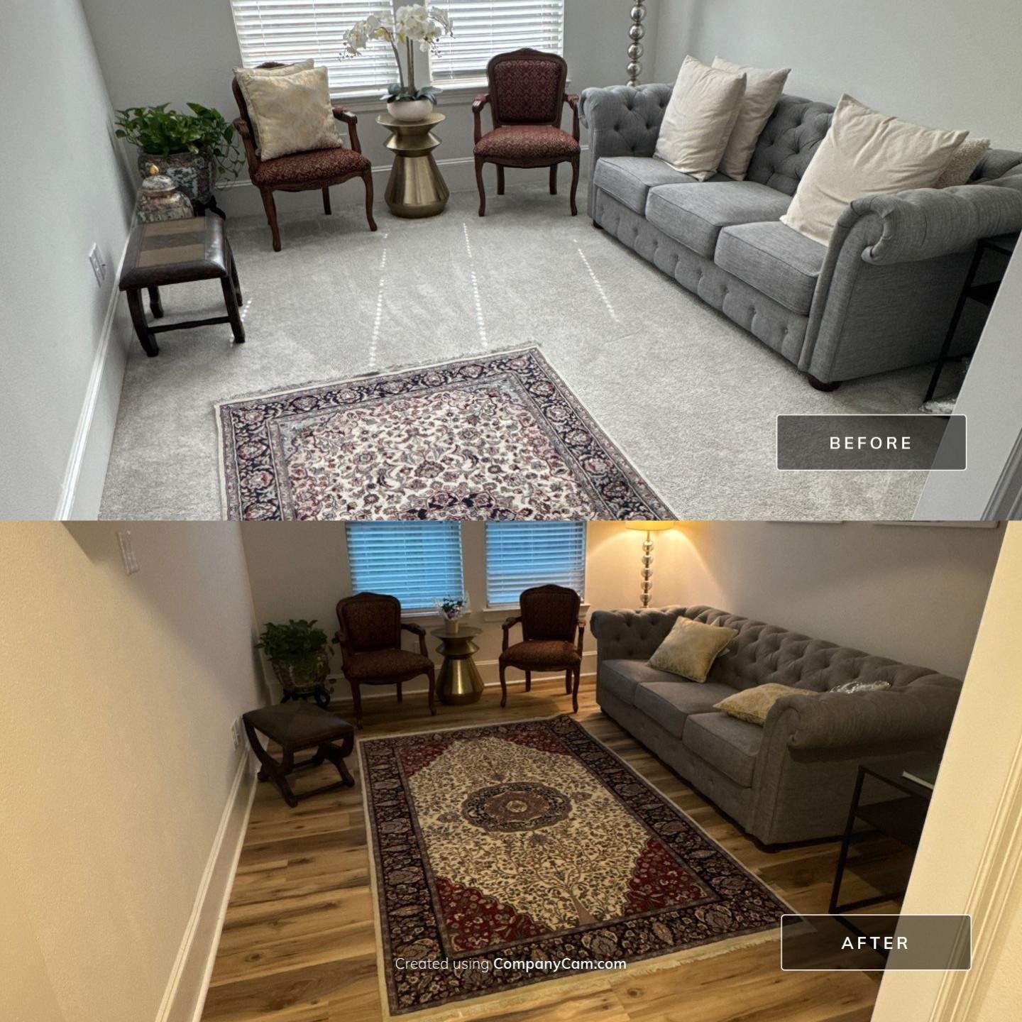 From carpet to stunning Luxury Vinyl Plank with a hardwood look! ✨ We completely transformed this living space in Richmond, Texas, swapping out carpeting for these beautiful light-toned floors with LVP with rich grain patterns. The difference in brightness and character is night and day! 🏠🔨 Swipe to see the amazing before and after transformation. Ready for your own flooring upgrade? Click the link in our bio to book your free estimate! 