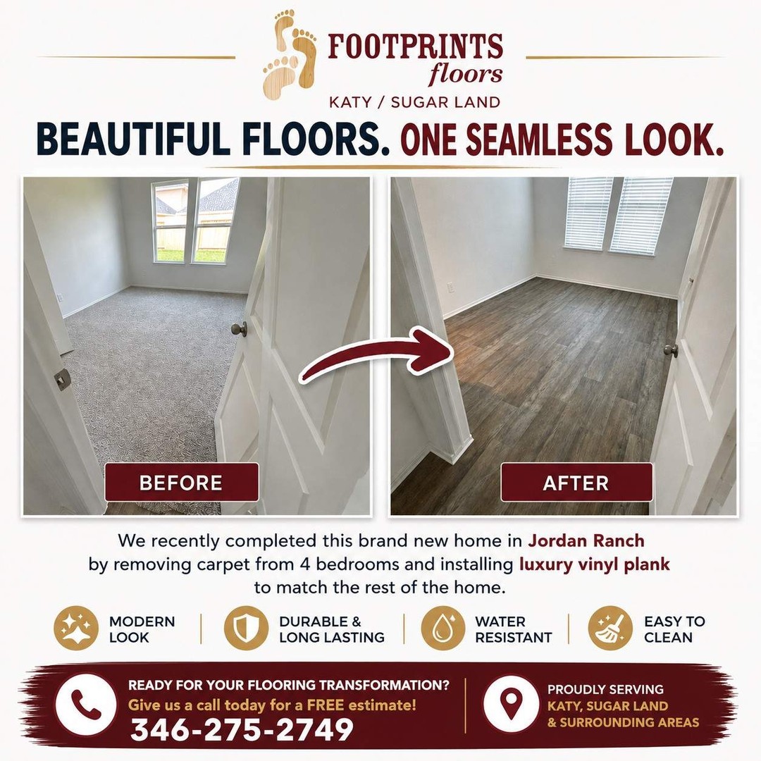 We are proud to share this recent transformation in Jordan Ranch. Our team replaced new carpet across four bedrooms with wood-look luxury vinyl flooring matching the rest of the home, creating a cohesive and sophisticated look. Whether you are looking to modernize a single room or upgrade your entire property, our experts are here to deliver exceptional results. Contact Footprints Floors today for your free, no-obligation estimate and let&rsquo;s bring your vision to life. 346-275-2749. 