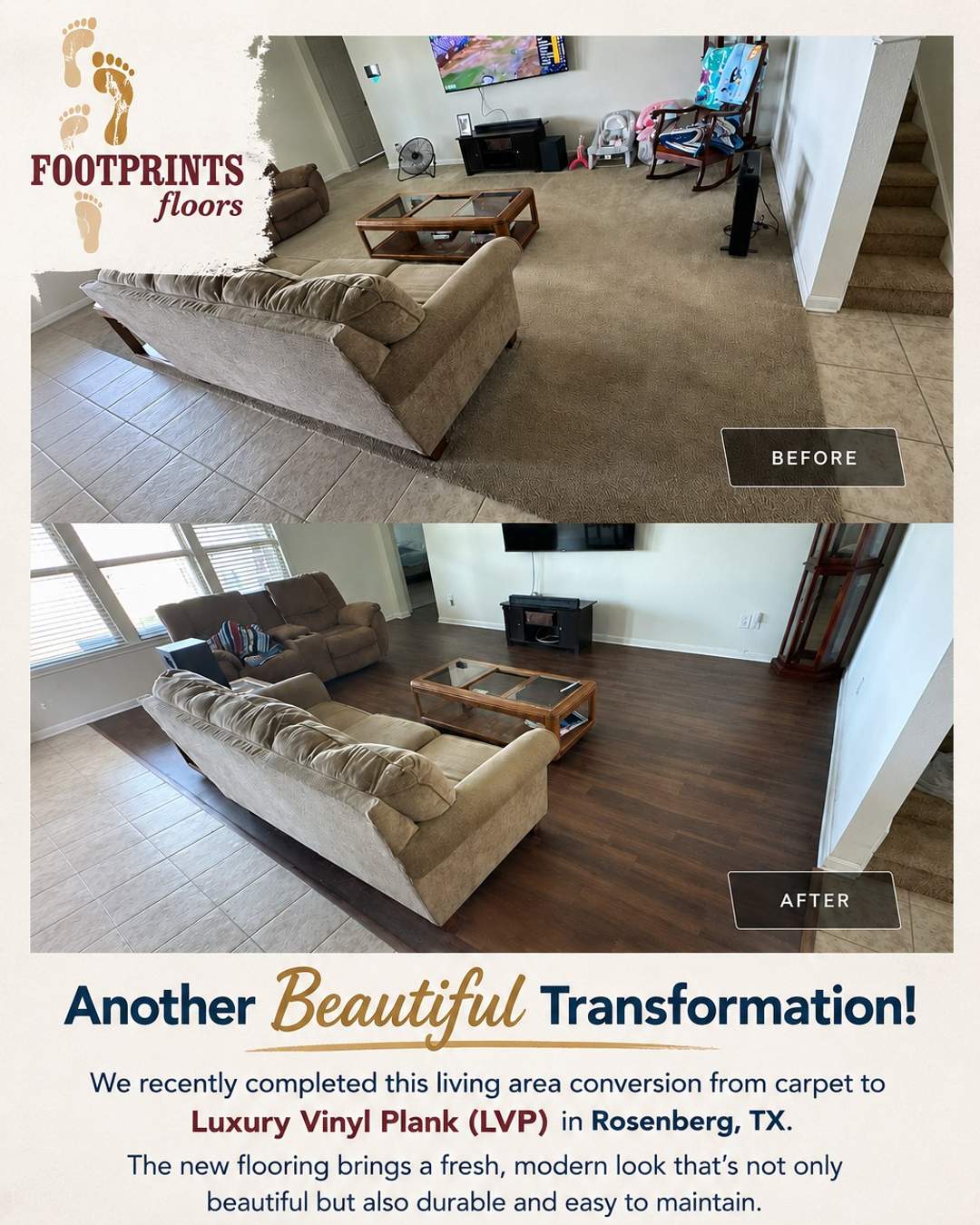 From dated carpet to timeless luxury vinyl plank! ✨ We recently completed this stunning floor transformation in Rosenberg, Texas, and the difference is night and day. The dark wood tones add such a rich, modern feel to this living space while keeping the area bright and inviting. Who else is ready to ditch the carpet? Swipe to see the before and after! 🏠🔨 