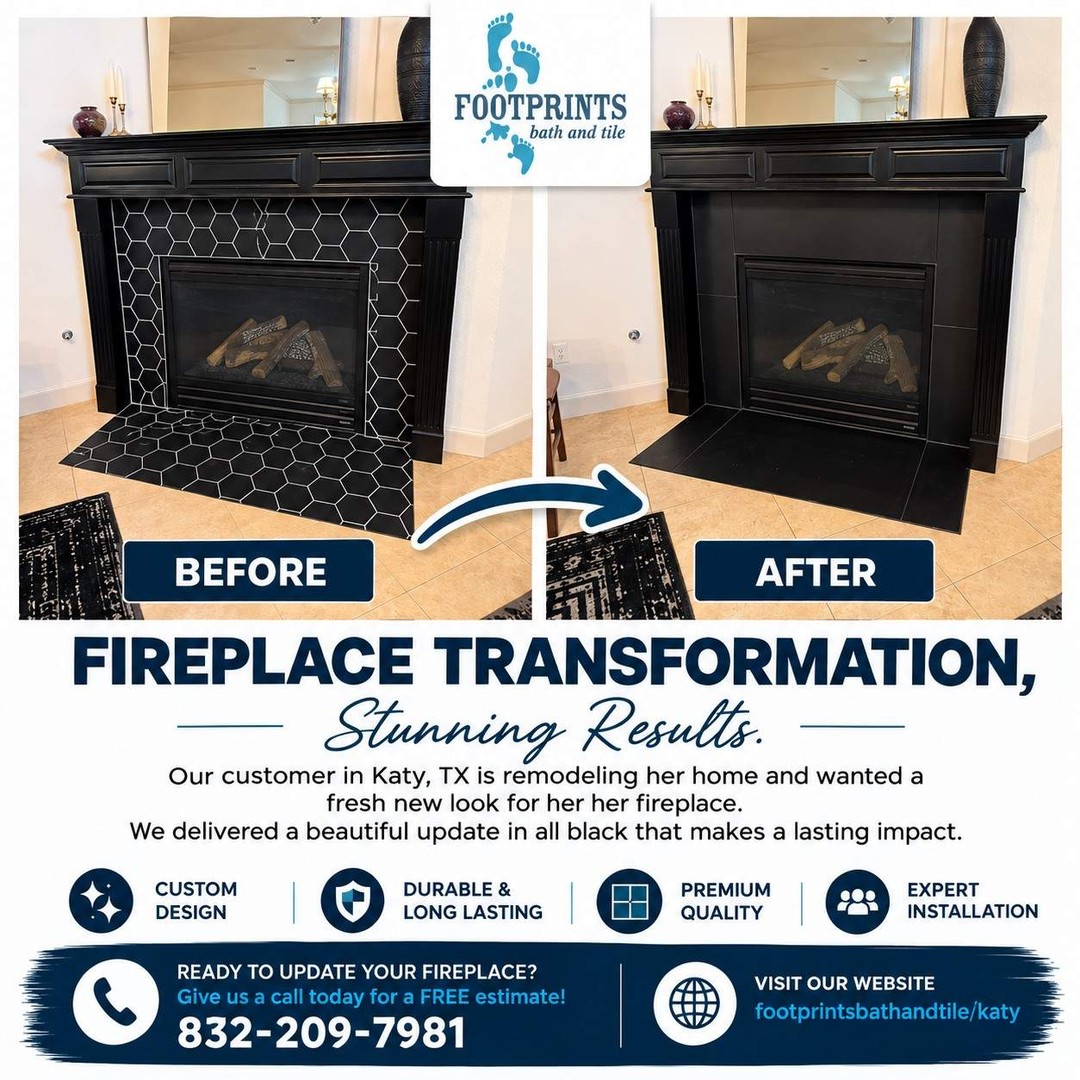 From dated hexagon tiles to a sleek, modern masterpiece. ✨ We loved transforming this fireplace in Katy, Texas!  Which style do you prefer: patterned tile or minimalist solid black? Let us know below! 👇

Estimates and consultations are free.  Give us a call 

Footprints Floors Katy / Sugar Land 346-275-2749
Footprints Bath and Tile Katy / Sugar Land 832-209-7981

