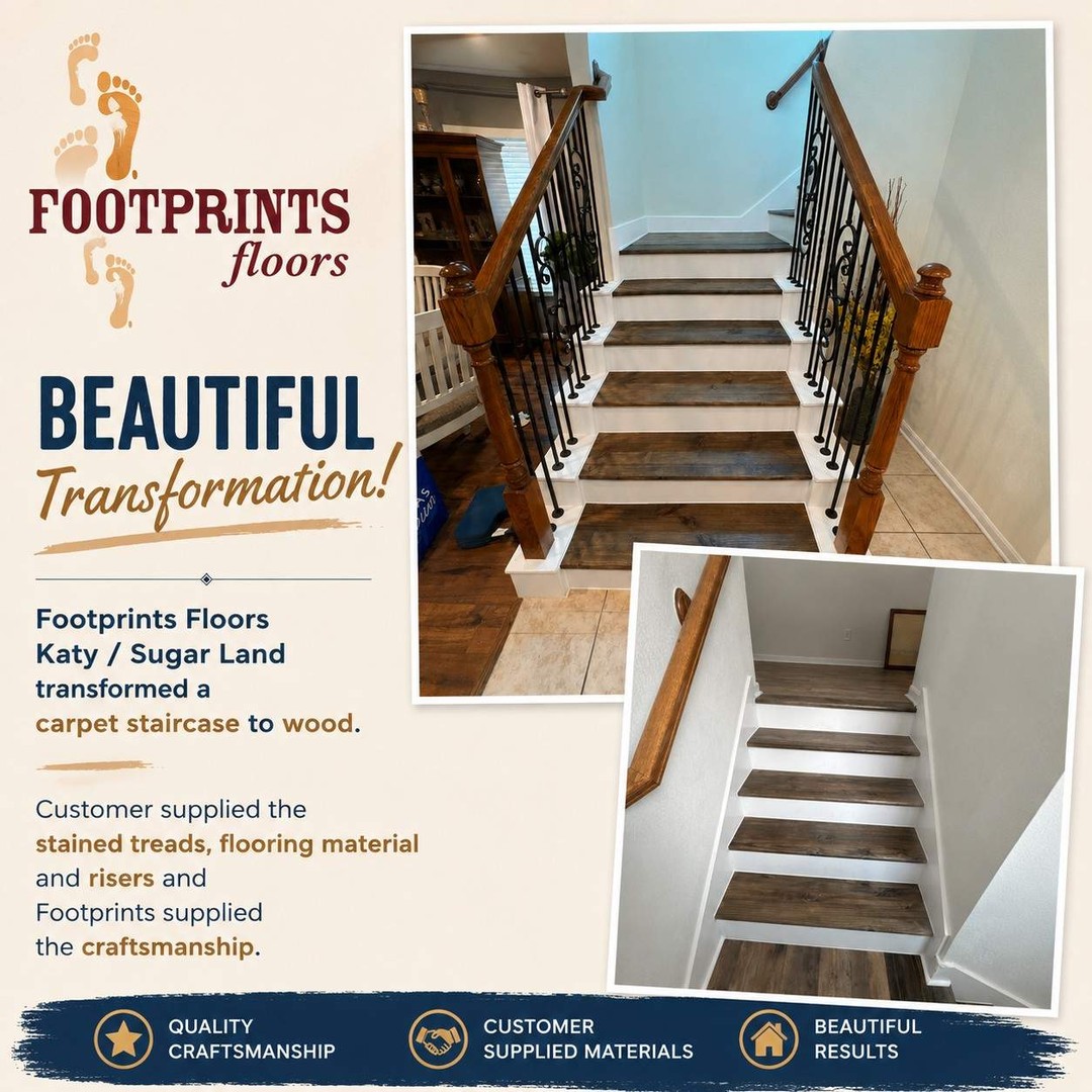 Looking to upgrade your carpeted staircase? We recently completed this beautiful staircase renovation in Katy, Texas. The customer supplied the stained treats and noses, risers, and flooring material and we supplied the craftsmanship. We can beautify your staircase with Wood, LVP, or Laminate stair noses, treads, risers and flooring material.  No job too big or small.  At Footprints Floors Katy/Sugar Land, we pride ourselves on delivering quality craftsmanship that makes a lasting impression. Are you ready to transform your space? Contact us today for a free estimate! 
