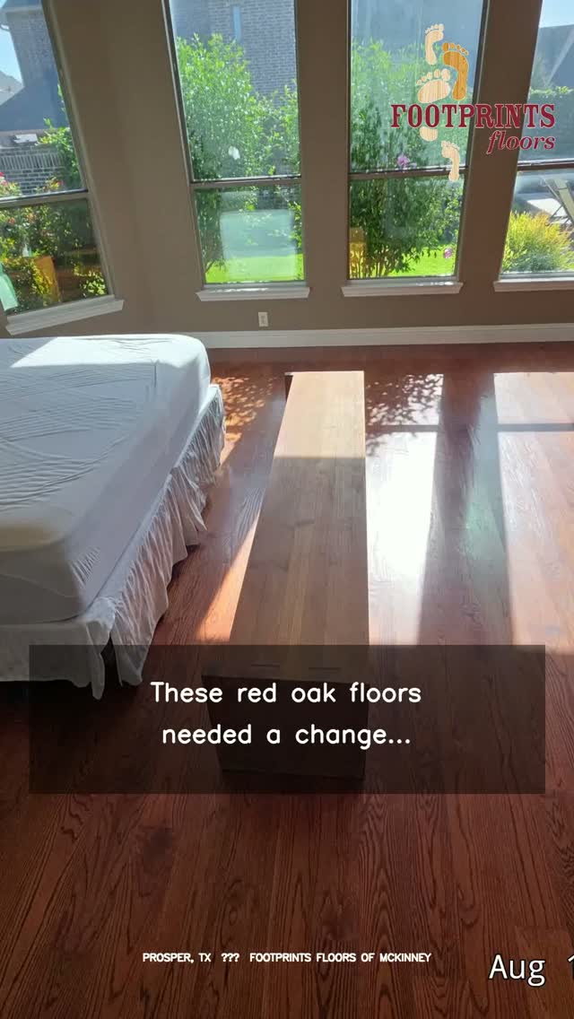 **This hardwood transformation in Prosper, TX is still in progress&hellip; 👀**

These 5 red oak floors had years of wear, scratches, and strong red tones that no longer worked with the homeowners' newly remodeled paint scheme.

After listening to what they wanted and looking at the existing floor, I recommended **DuraSeal Weathered Oak &mdash; before we even started sanding.**

But we don't choose a hardwood stain from a tiny sample card.

Once we sanded the floors back to raw red oak, we put **6 lighter options directly on their floor** so the homeowners could see how each one looked with their actual wood, natural lighting, and new paint colors.

The final two:

**Weathered Oak vs. Fruitwood.**

After a little husband-and-wife deliberation 😄, **Weathered Oak won** &mdash; the same color I'd recommended from the beginning.

We're using **DuraSeal Weathered Oak** and protecting the finished floor with **Bona Mega ONE water-based polyurethane** to maintain the lighter, more natural look the homeowners wanted.

The polyurethane is curing and the furniture isn't back yet, so&hellip;

**This isn't the final reveal. 👀 Stay tuned for Part 2.**

📍 Prosper, Texas
🔨 Footprints Floors of McKinney

@durasealdave @durasealwoodfinishes @bonapro.us

