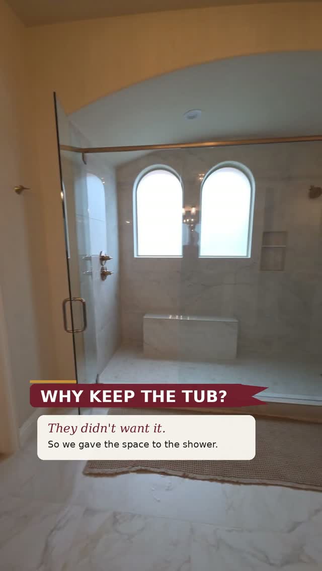 What would you do with a tub you never use? 👀

These Frisco homeowners had a common problem&mdash;their bathtub took up a huge amount of valuable space, while the shower they actually used every day felt too small.

So we changed the layout completely.

We removed the existing tub and shower and transformed the entire area into one large, modern walk-in shower. 🚿

✨ Large-format marble-look tile
🚿 Dual shower heads + handheld
🪑 Built-in shower bench
✨ Custom double niche
💧 Schluter&reg; waterproofing system

And we love how those two arched windows became part of the finished design.

The result? More room. A more modern look. And a shower designed around how the homeowners actually use their bathroom.

📍 Frisco, Texas
🔨 Footprints Floors McKinney

Have a tub you never use? Send us a message. You might be surprised by what we can do with that space.

