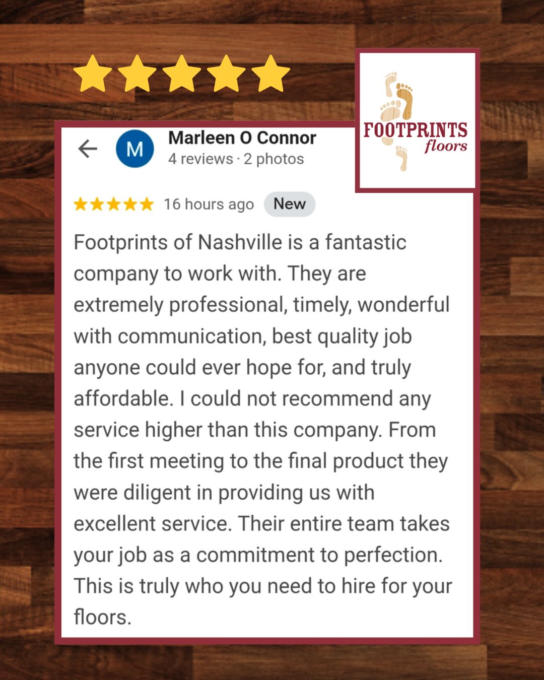 &ldquo;Wonderful communication&rdquo; is something we often see in our reviews. Our hope is that through every step of the process &mdash; from initial quote to final day of your project &mdash; you always feel heard by the members of our Footprints Floors Nashville team. 