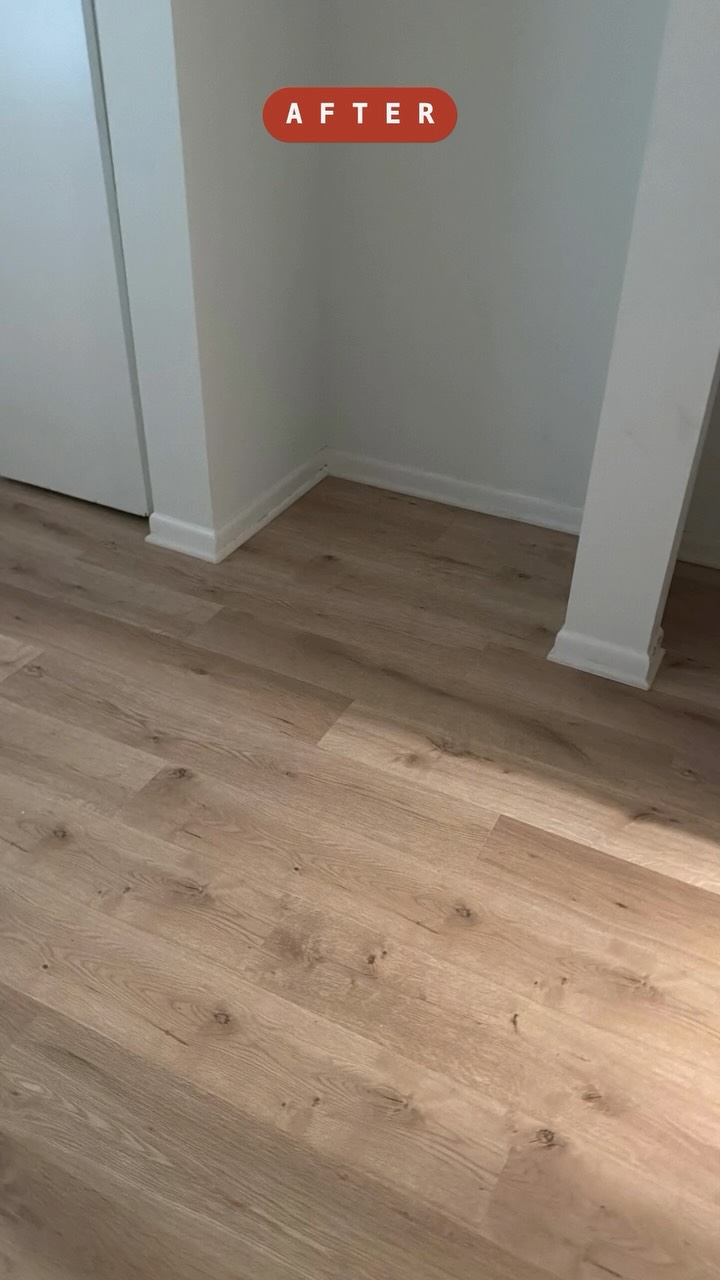 Old carpet out, fresh click-lock LVP in. This 1967 Nashville home got a serious upgrade across two bedrooms and closets. We handled everything from appliance removal and carpet demo to subfloor prep and a clean install &mdash; finished with white shoe molding throughout. Ask us about transforming your own floors. 