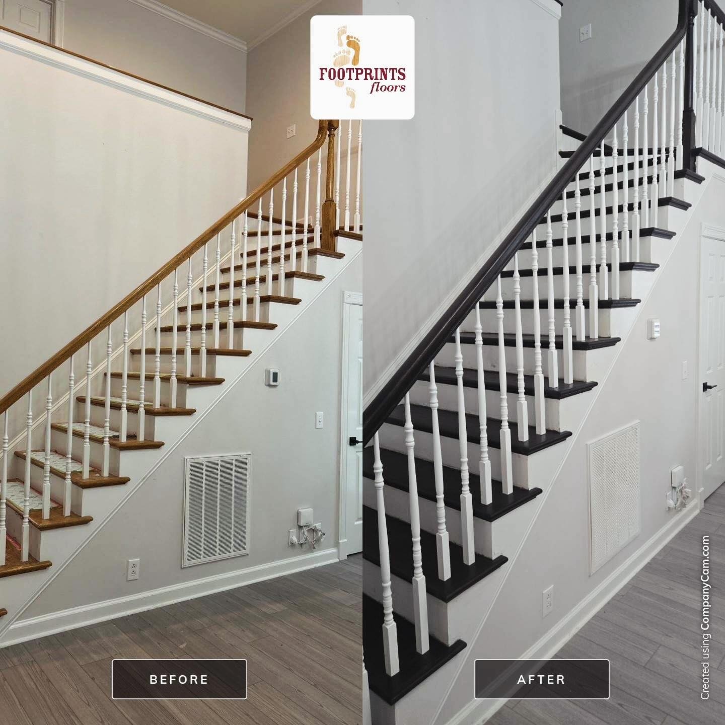 Loving these Before & After pics from a recent refinish in Franklin. We sanded and finished the outdated stair treads, handrails, and upstairs hallway in a lovely ebony stain. It&rsquo;s a much more cohesive look with the existing gray floors! 