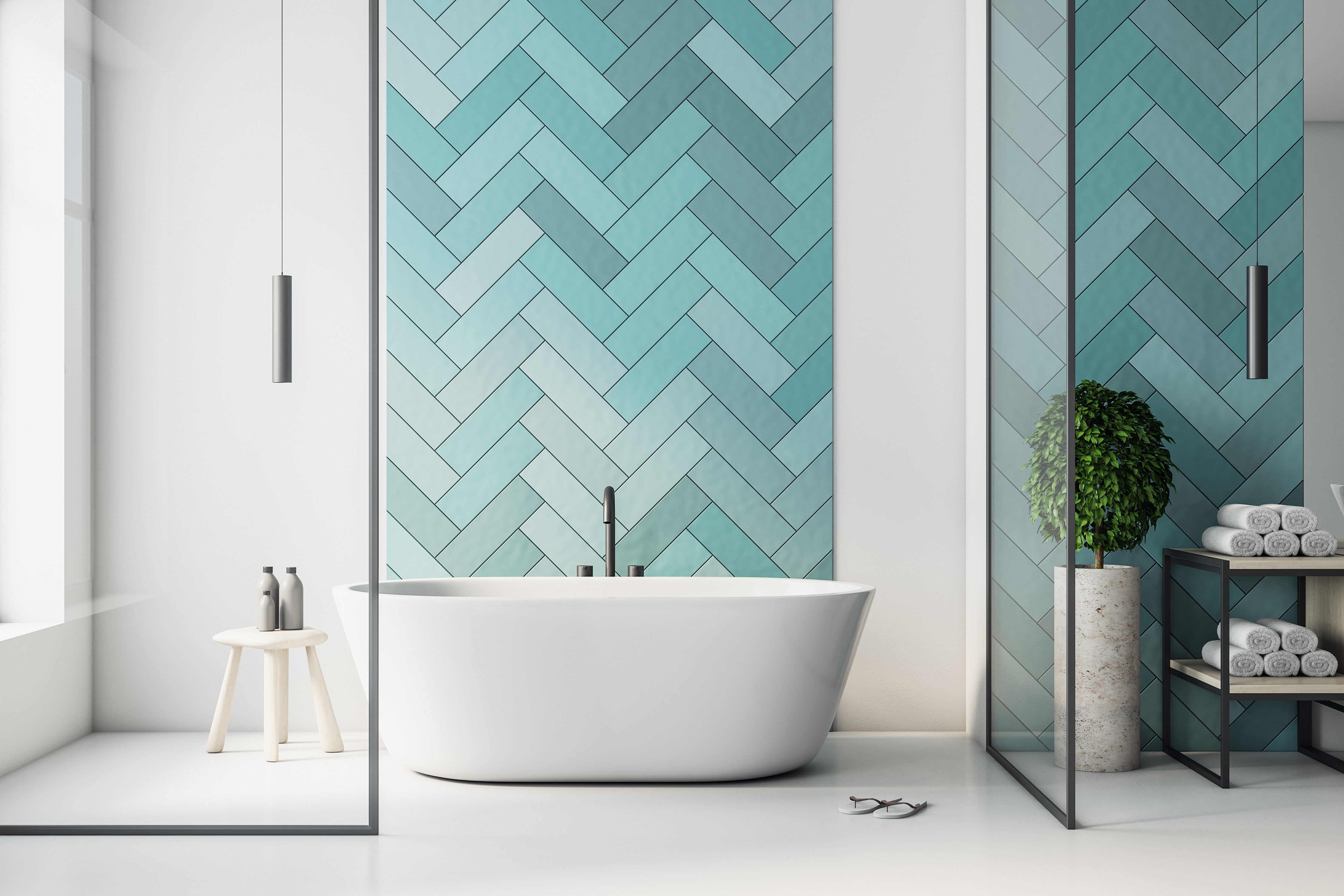 A beautiful new teal bathroom tile installation in San José, CA from Footprints Floors.