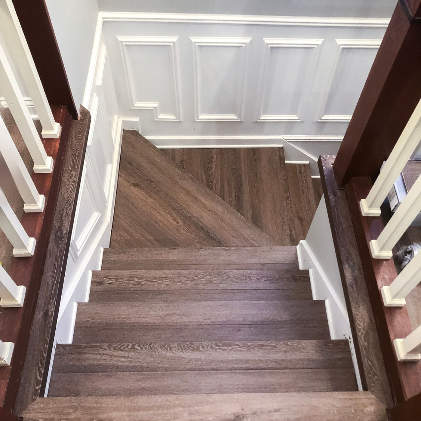 A top-down picture of flooring for stairs in San José, CA installed by Footprints Floors.
