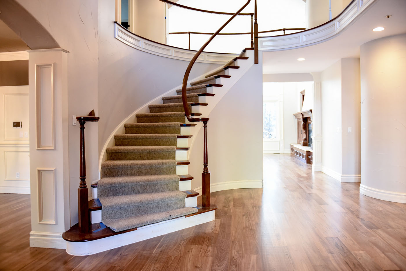 A picture of newly installed carpeted stairs.